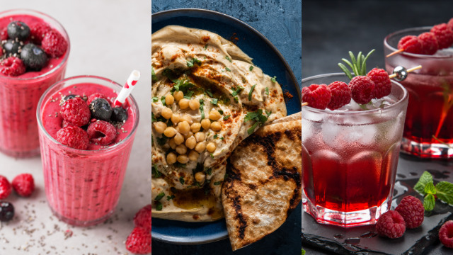 Három étel: bogyós gyümölcsökkel készült smoothie, hummus lapos kenyérrel és málnás koktélok. Fehér háttér.