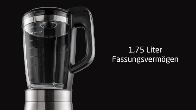 Turmixgép mérőjelekkel, fekete fogantyúval, fekete háttérrel, 1,75 liter.