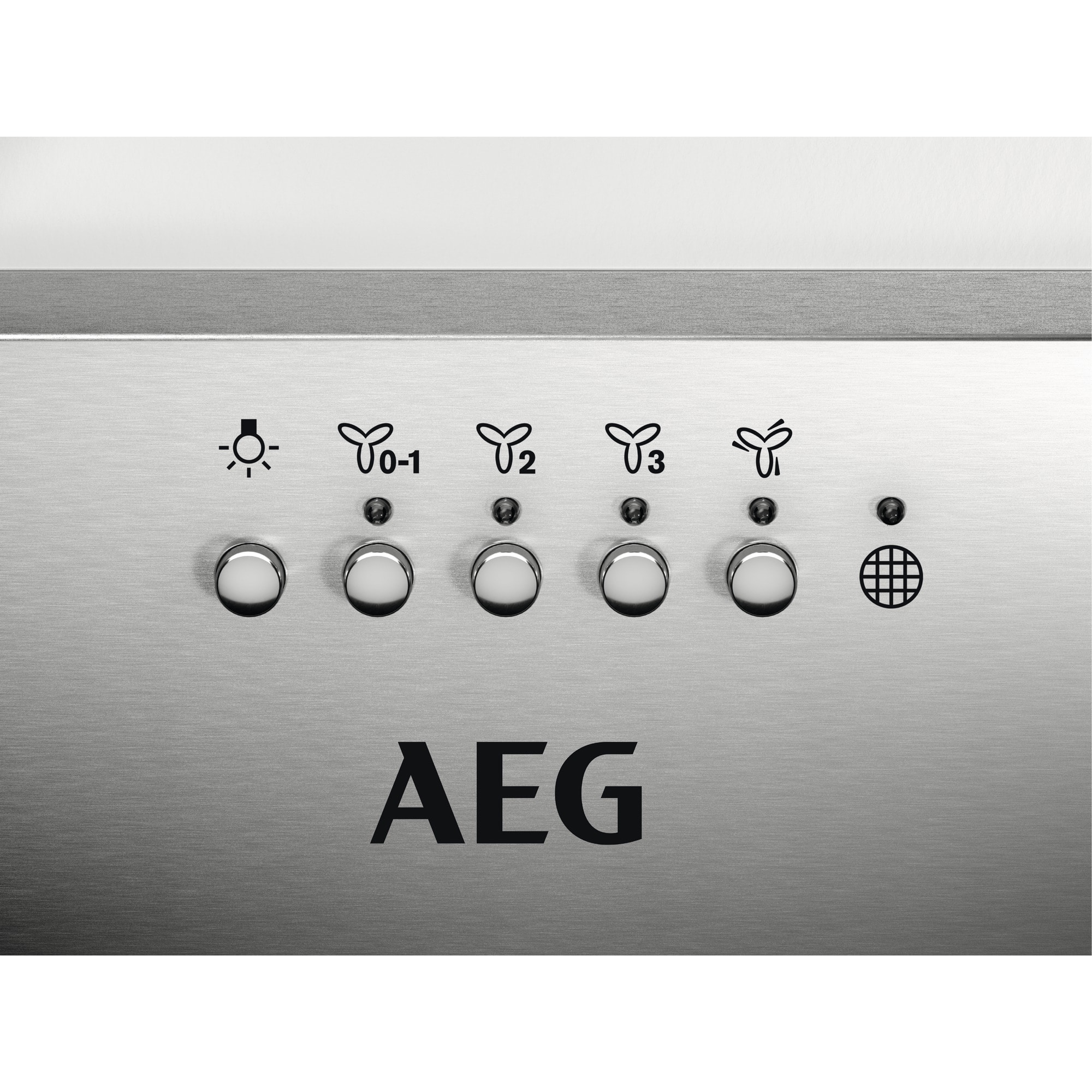 Primer plano de un panel de control de electrodomésticos AEG de acero inoxidable con botones y símbolos.