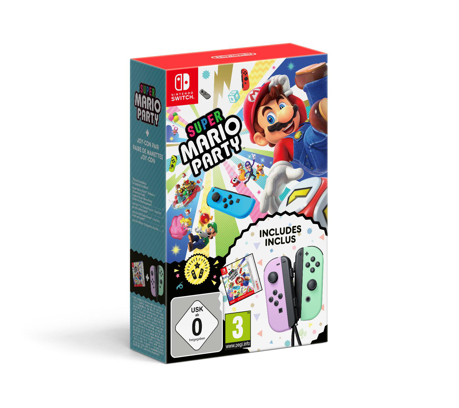 Spielverpackung von Super Mario Party mit Mario, Joy-Con-Controllern und Spielelementen.