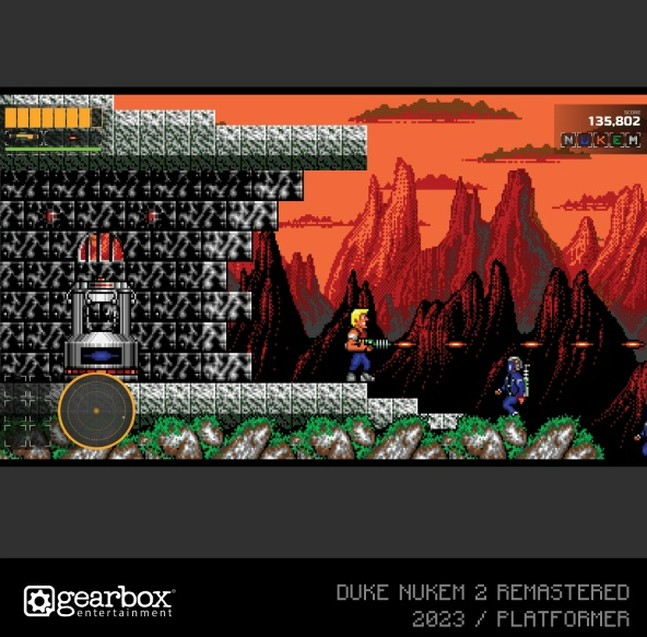 Duke Nukem 2-Spielbildschirm. Pixelgrafik, Wüstenhintergrund und eine Gesundheitsanzeige.