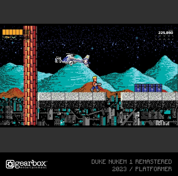 Duke Nukem 1 Remastered Spielszene. Pixelgrafik, Hubschrauber und futuristische Stadt.