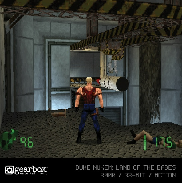 Duke Nukem steht in einem grauen Raum mit zwei Leichen. Text: Duke Nukem: Land of the Babes. Grauer Hintergrund.