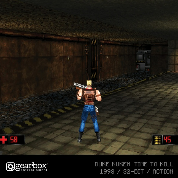 Duke Nukem, ein blondes Mann mit einer Waffe, steht in einem dunklen Gang aus dem Spiel Duke Nukem: Time to Kill.