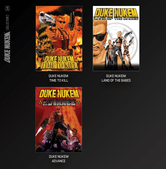 Duke Nukem Spielcover: Time to Kill, Land of the Babes und Advance. Alles sind Actionspiele.