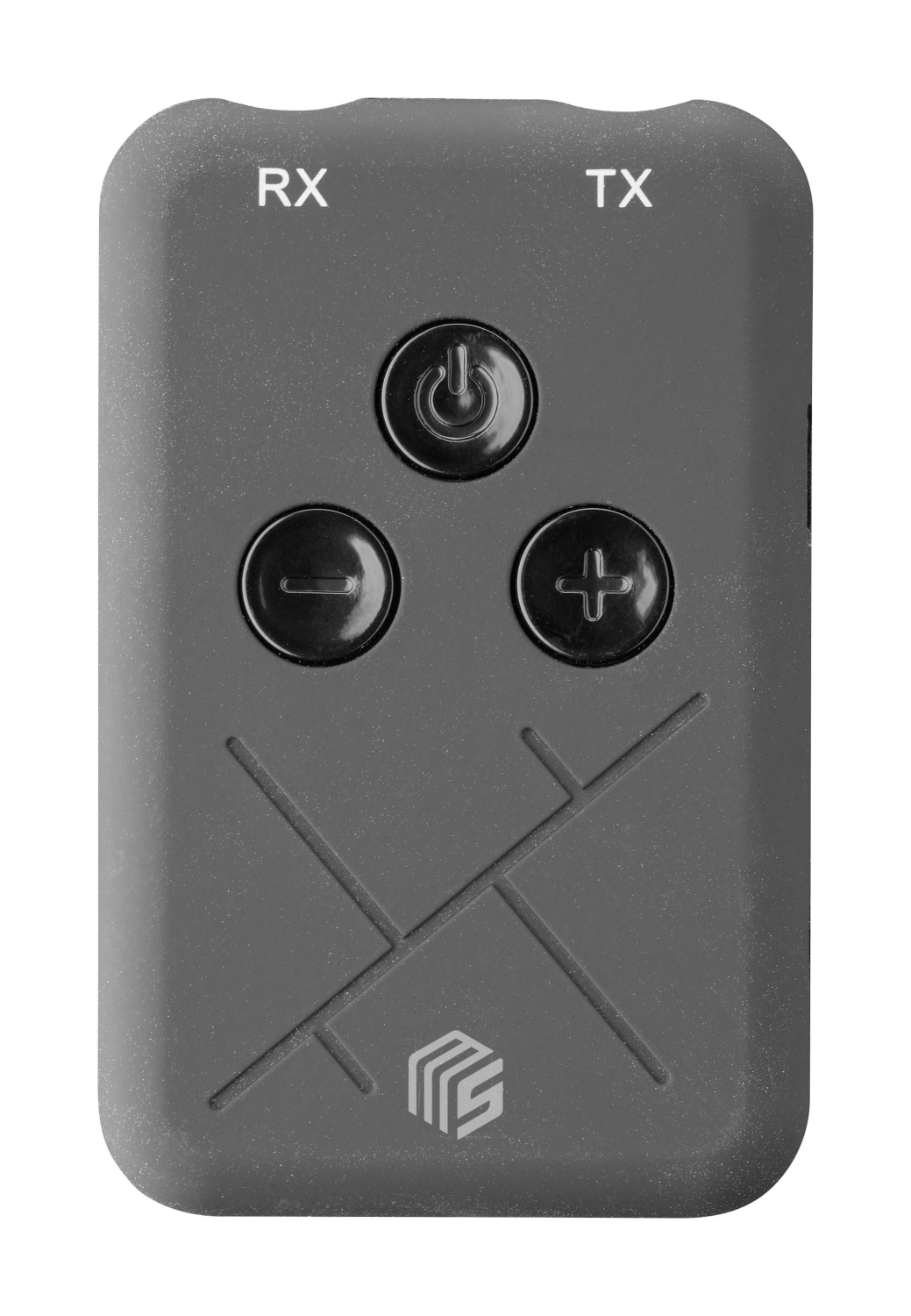 Dispositivo electrónico gris con botones etiquetados RX y TX.