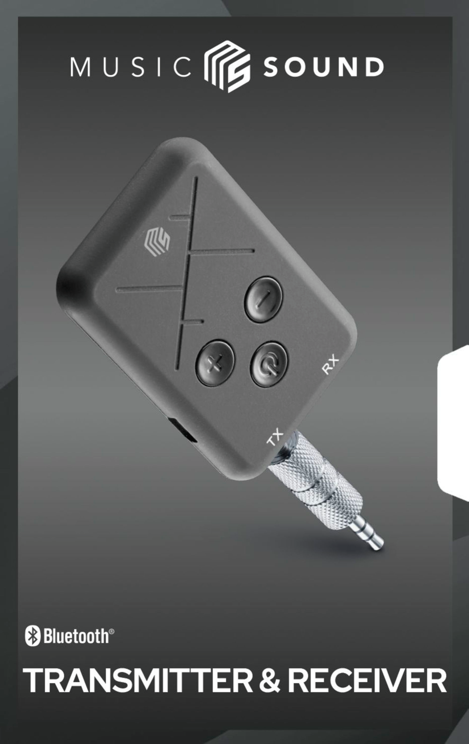Transmisor y receptor negro. Botones y conector jack. Fondo oscuro.