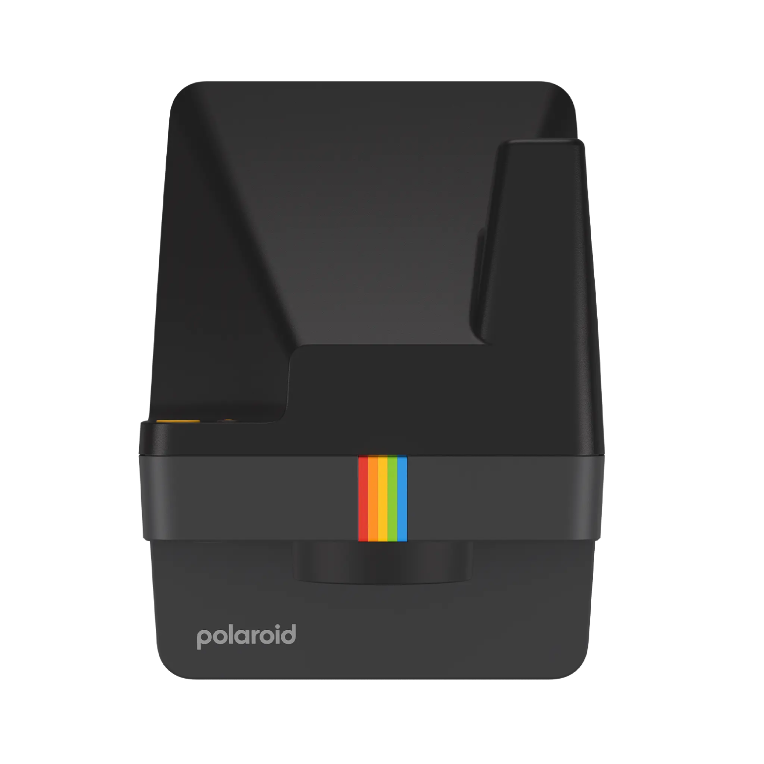 Una cámara Polaroid negra con una franja de arcoíris en su frente, aislada sobre un fondo negro.