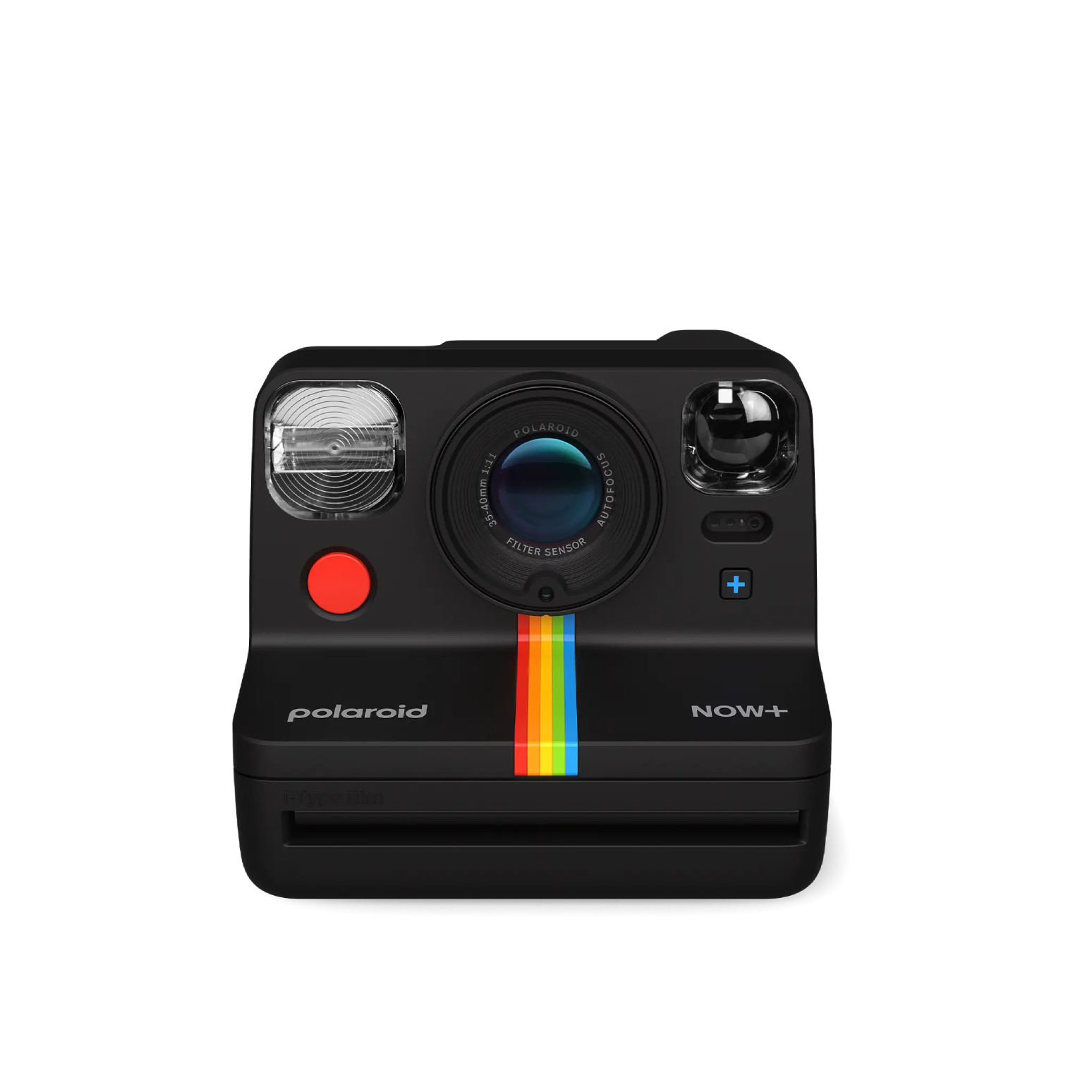 Una cámara Polaroid negra con una franja colorida y botón rojo, sobre un fondo negro.
