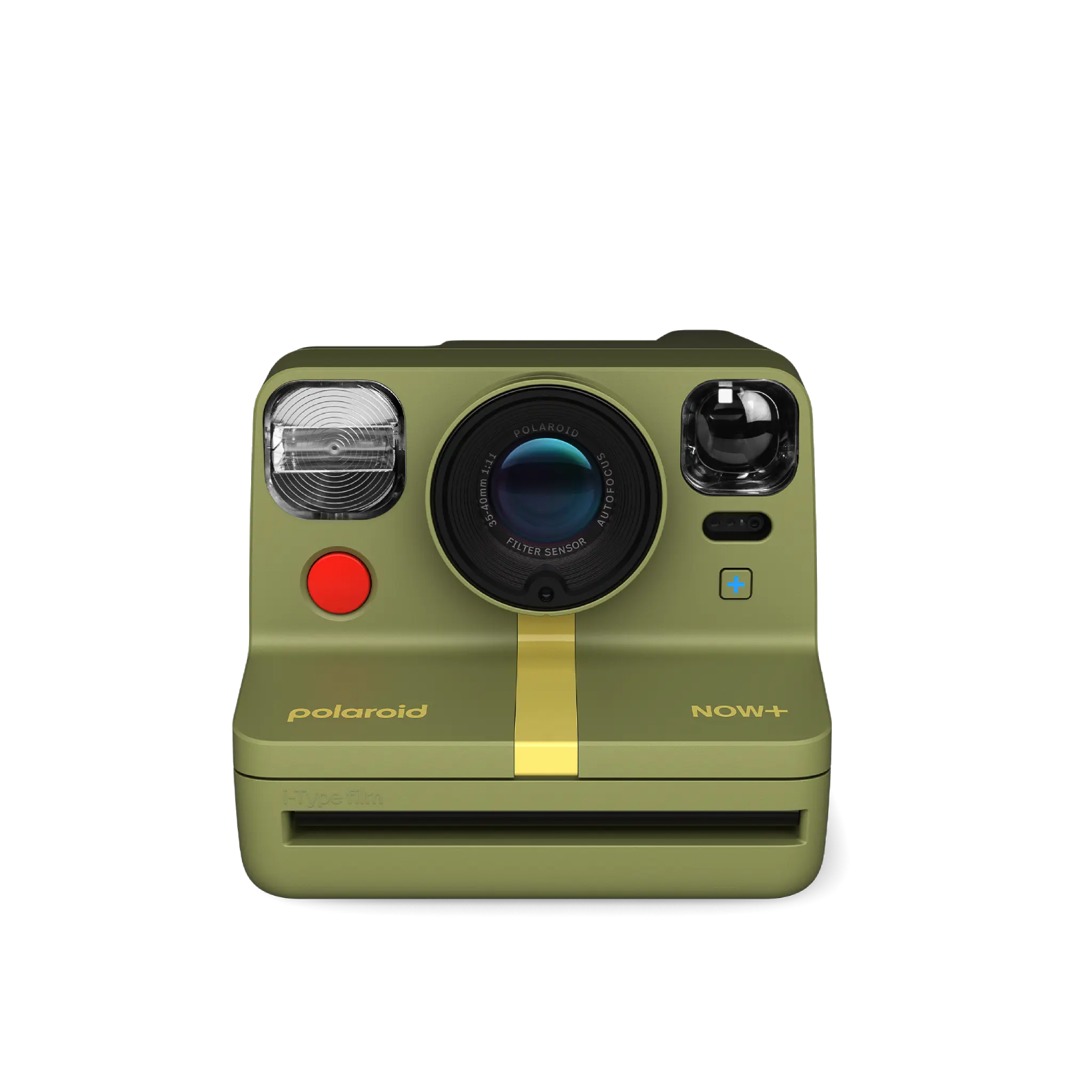 Cámara Polaroid Now+ verde con franja dorada, botón rojo y fondo negro.