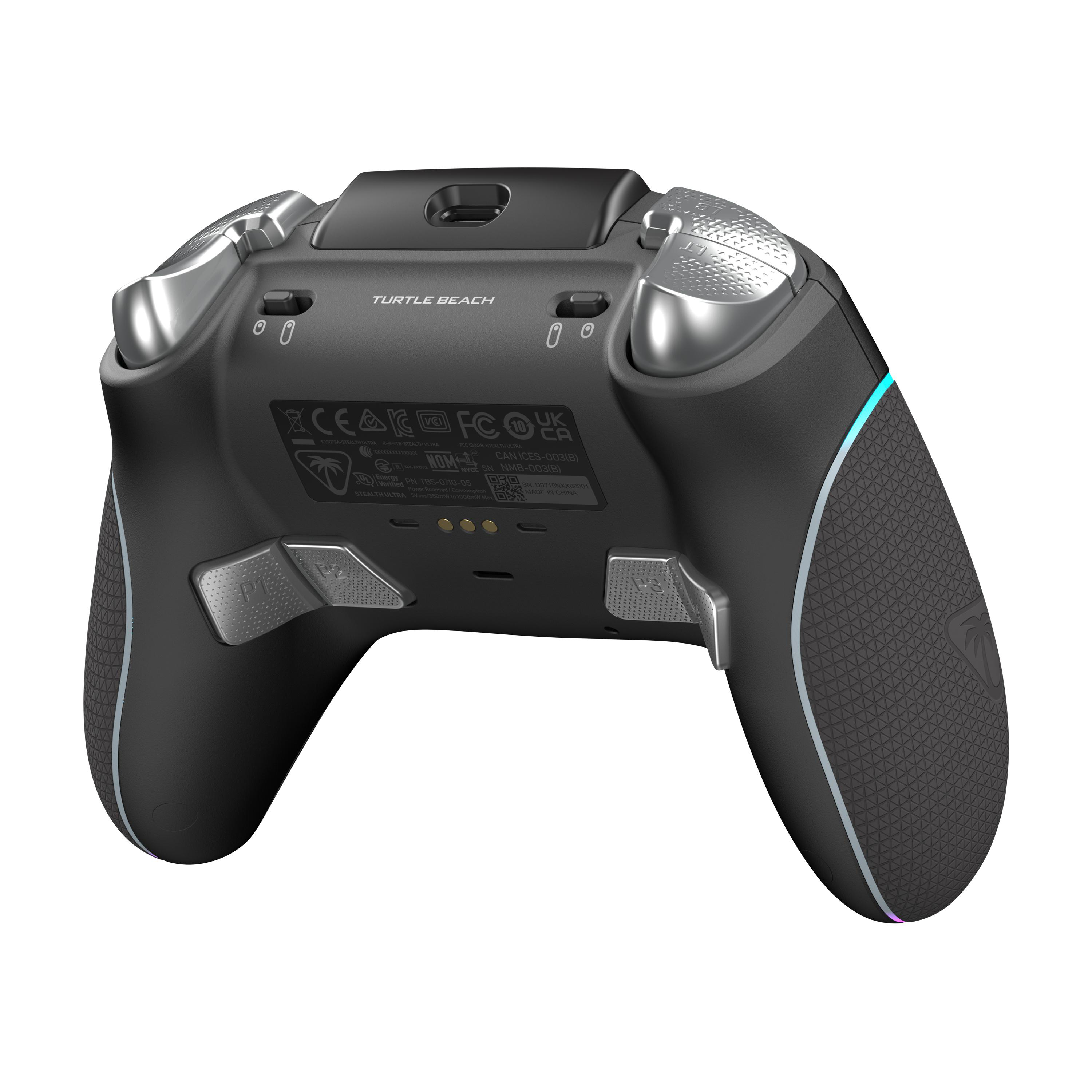 Schwarzer Gaming-Controller mit silbernen Akzenten. Rückansicht mit Knöpfen und Turtle Beach.
