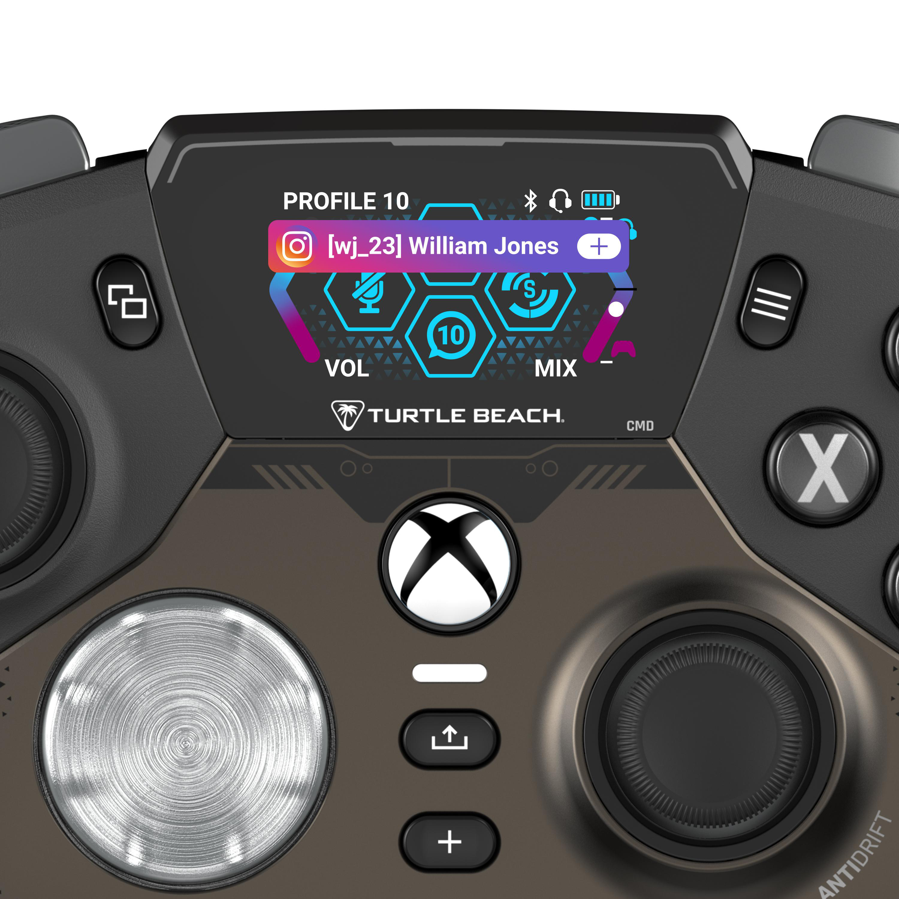 Ein schwarzes Gamepad mit einem Bildschirm, auf dem ein Benutzerprofil angezeigt wird.
