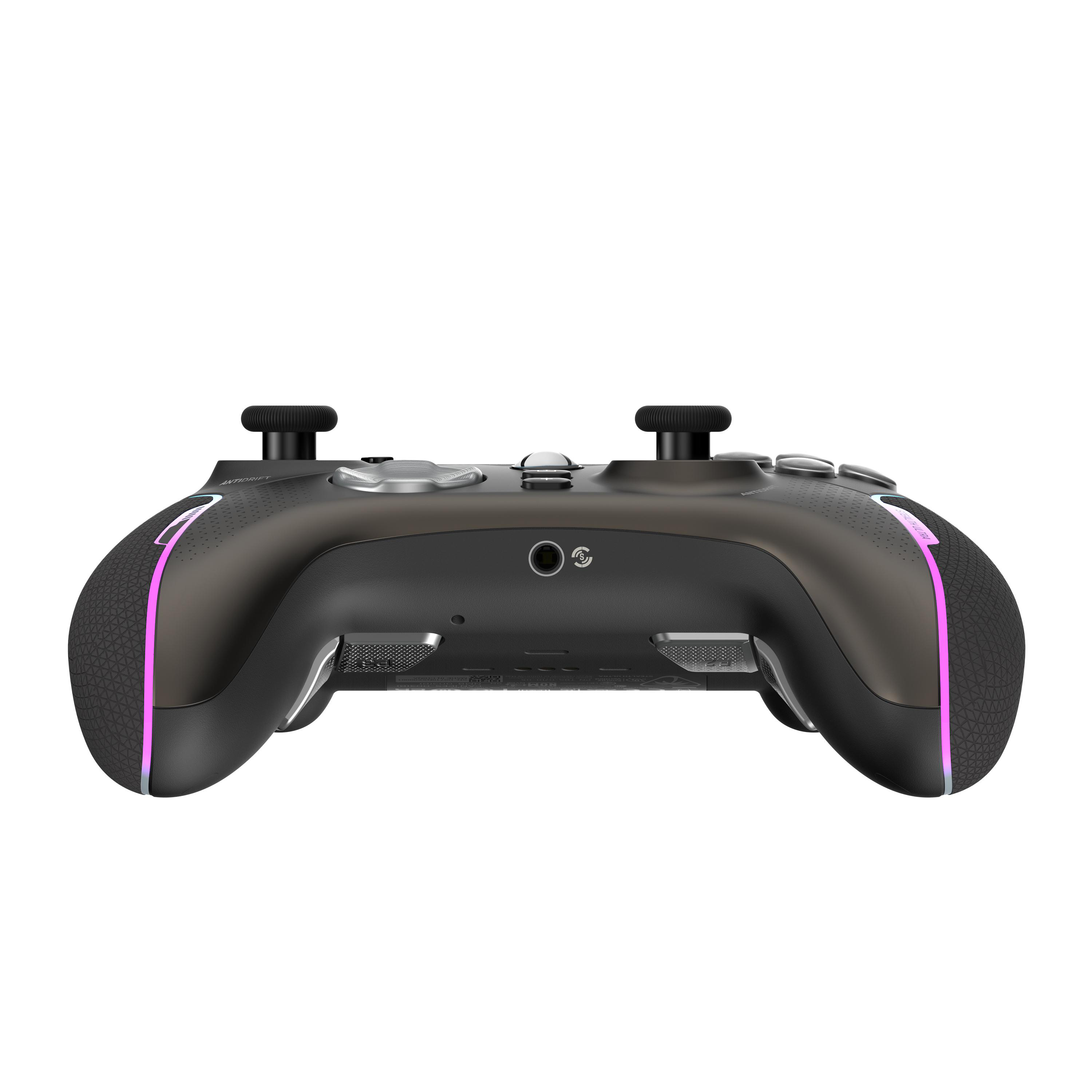 Schwarzer Gamecontroller mit rosa Akzenten und verschiedenen Knöpfen und Joysticks.