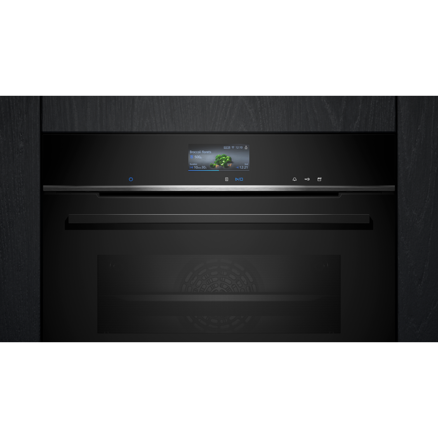 Black built-in oven with digital display showing food options, on a dark background.