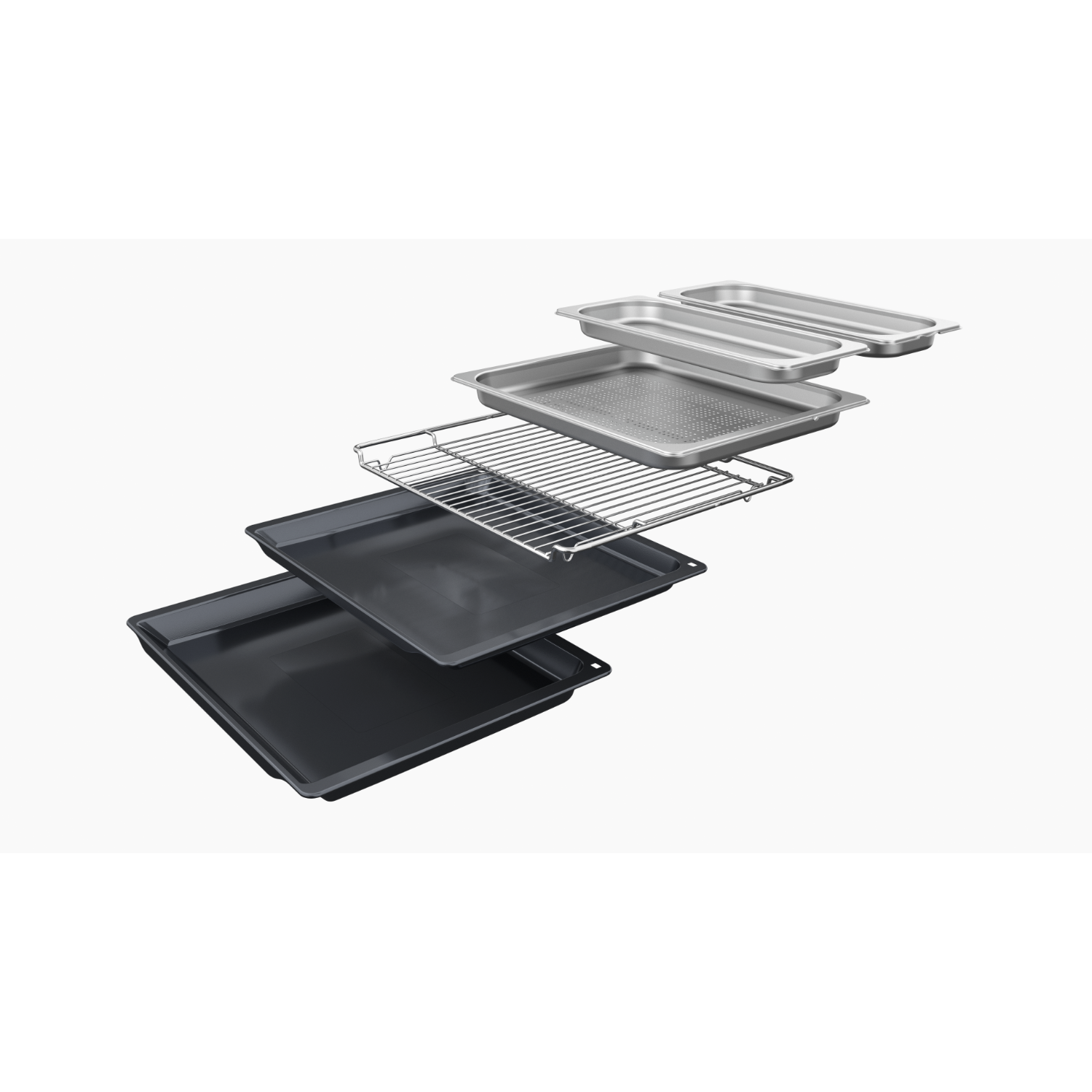 Exploded view of oven trays, wire rack, and baking sheets, silver and black, against white.