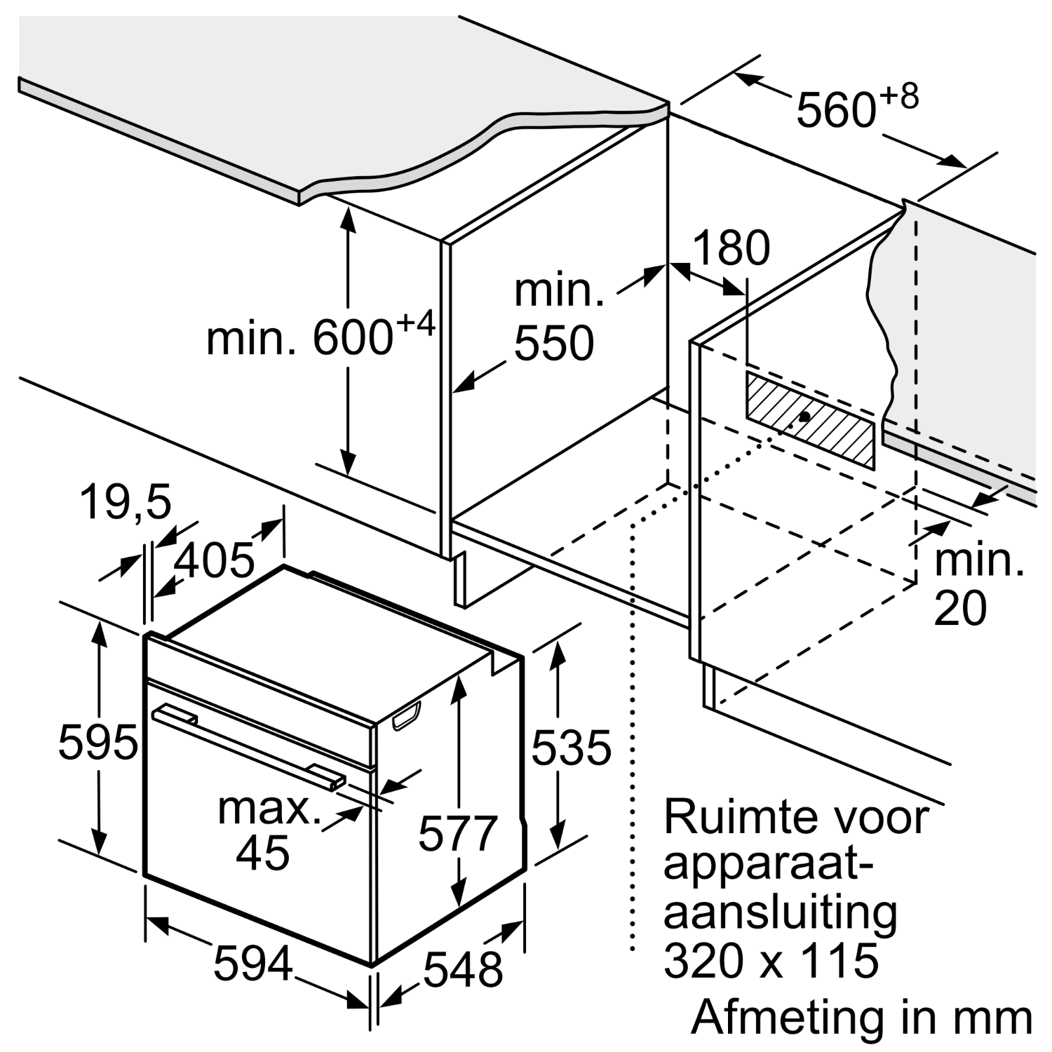 Technical drawing with dimensions of a built-in oven, showing different measurements.