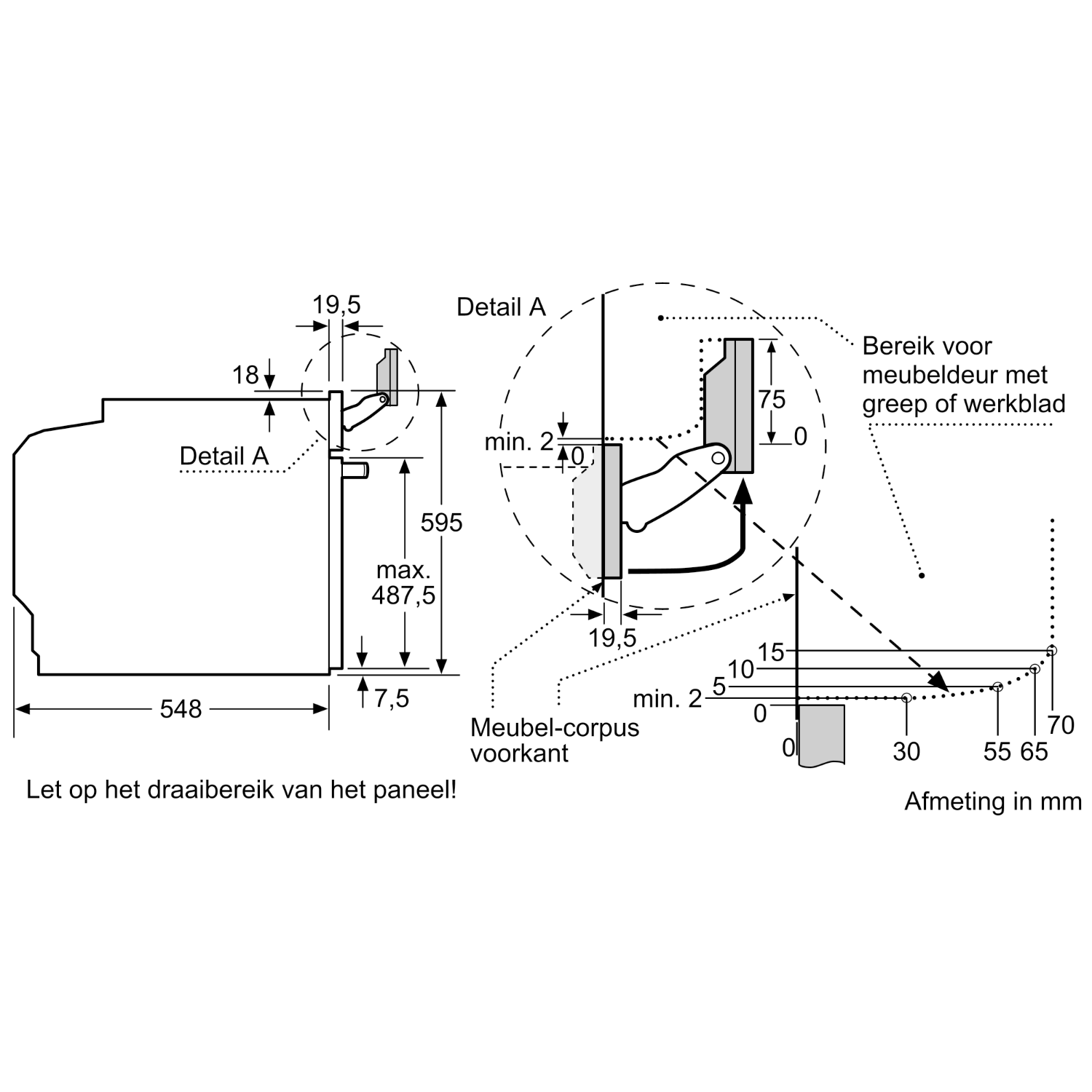 Technical drawing with dimensions and details of a cabinet hinge and its installation.