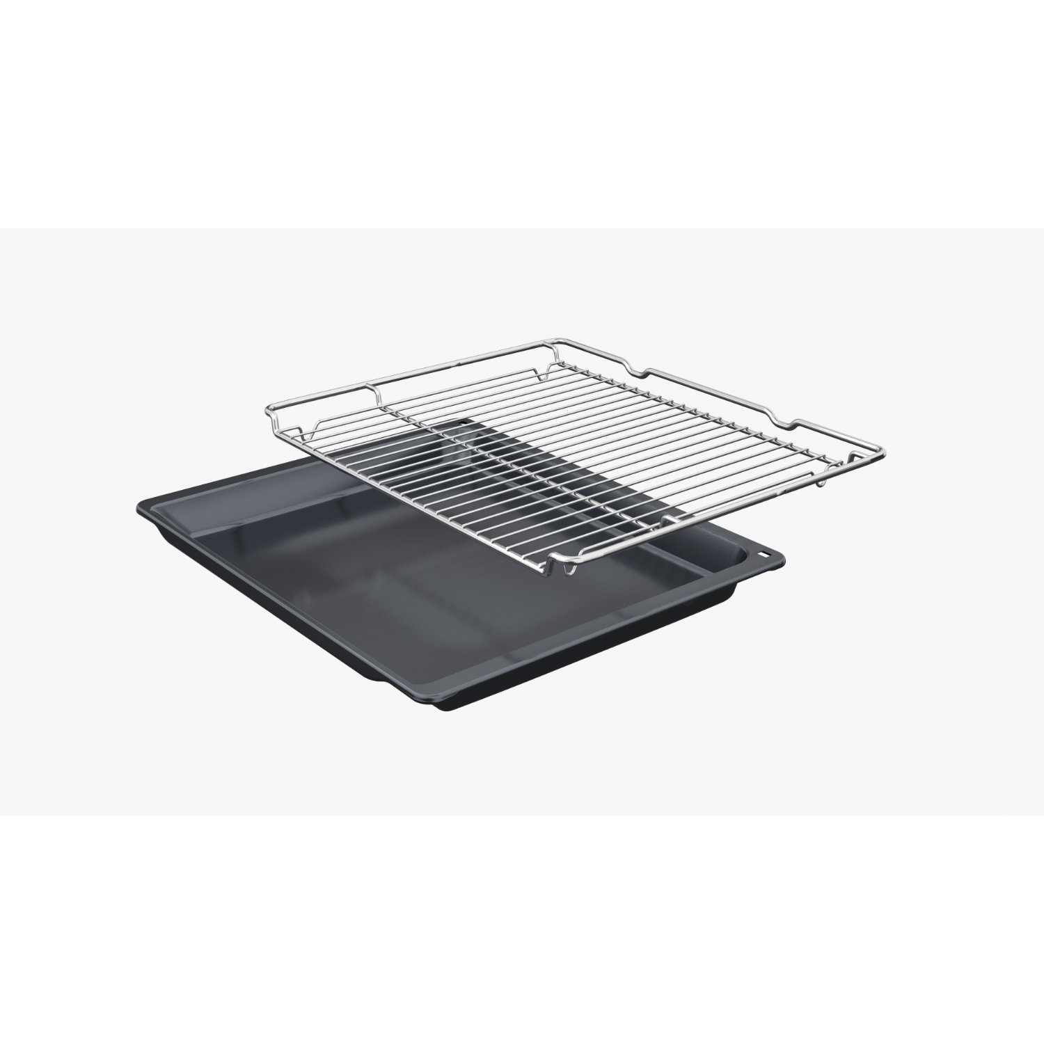 An oven tray and a rack on a white background. The tray is dark gray.