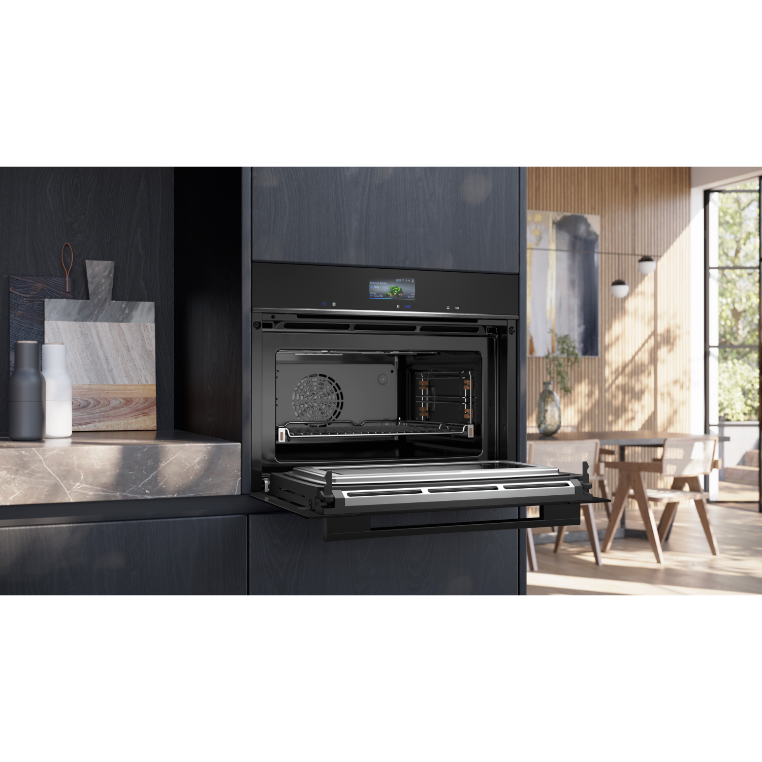 An oven with an open door, built into a dark wood cabinet.