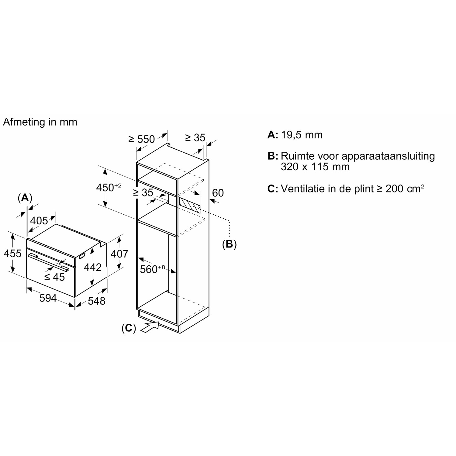 Technical drawing showing dimensions of a built-in oven and a cabinet.