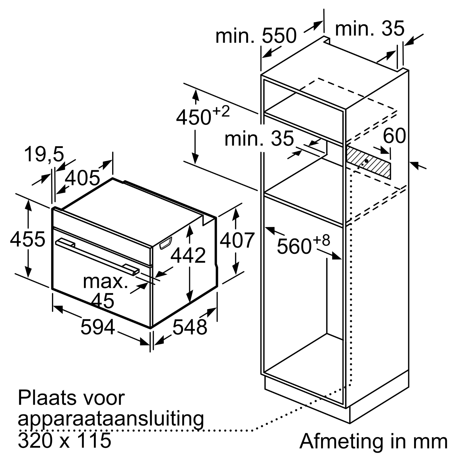 Diagram of an oven, with dimensions and measurements in mm. Gray and white colors.