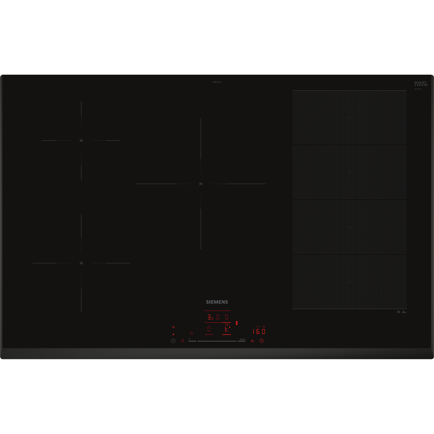 Black induction cooktop with four burners and a control panel. Siemens logo.
