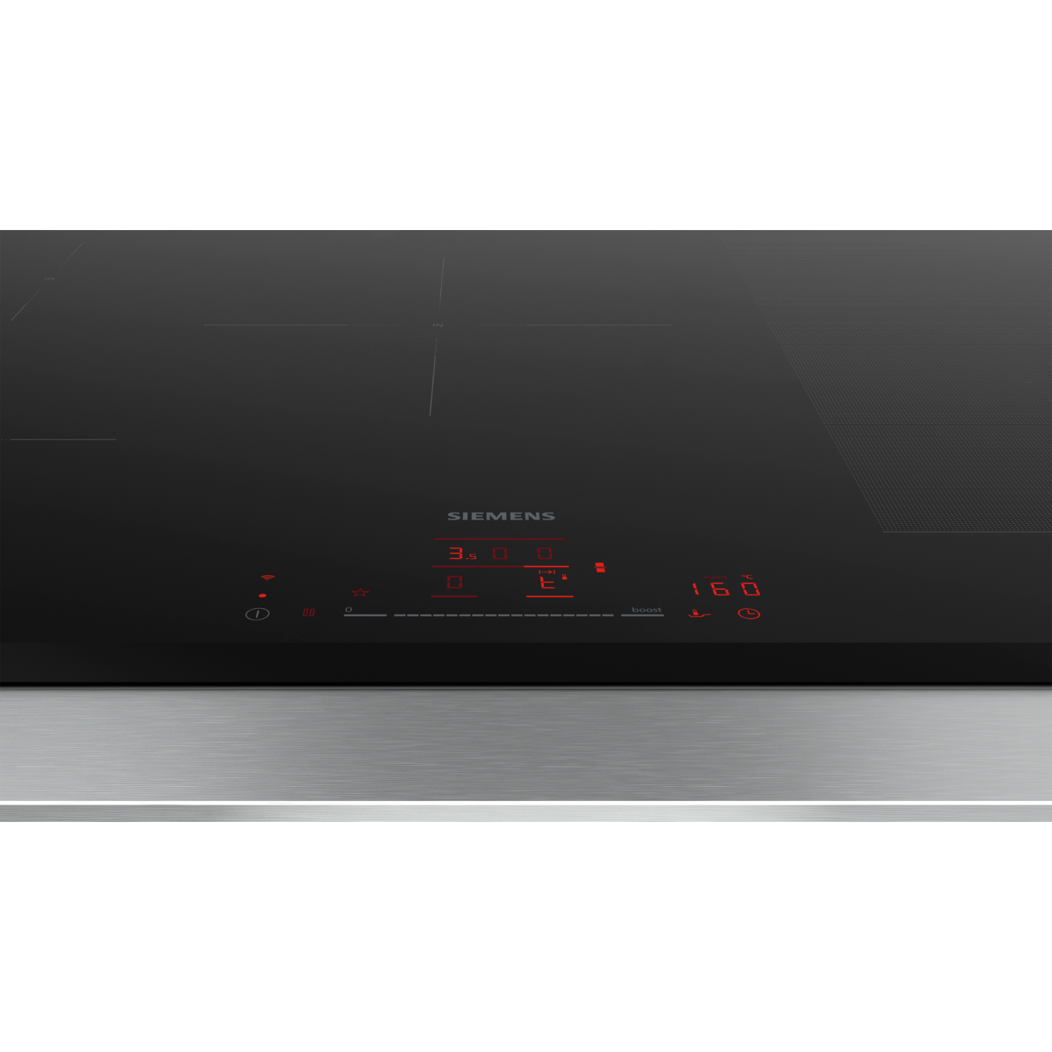 Black Siemens induction cooktop with red digital display and touch controls.