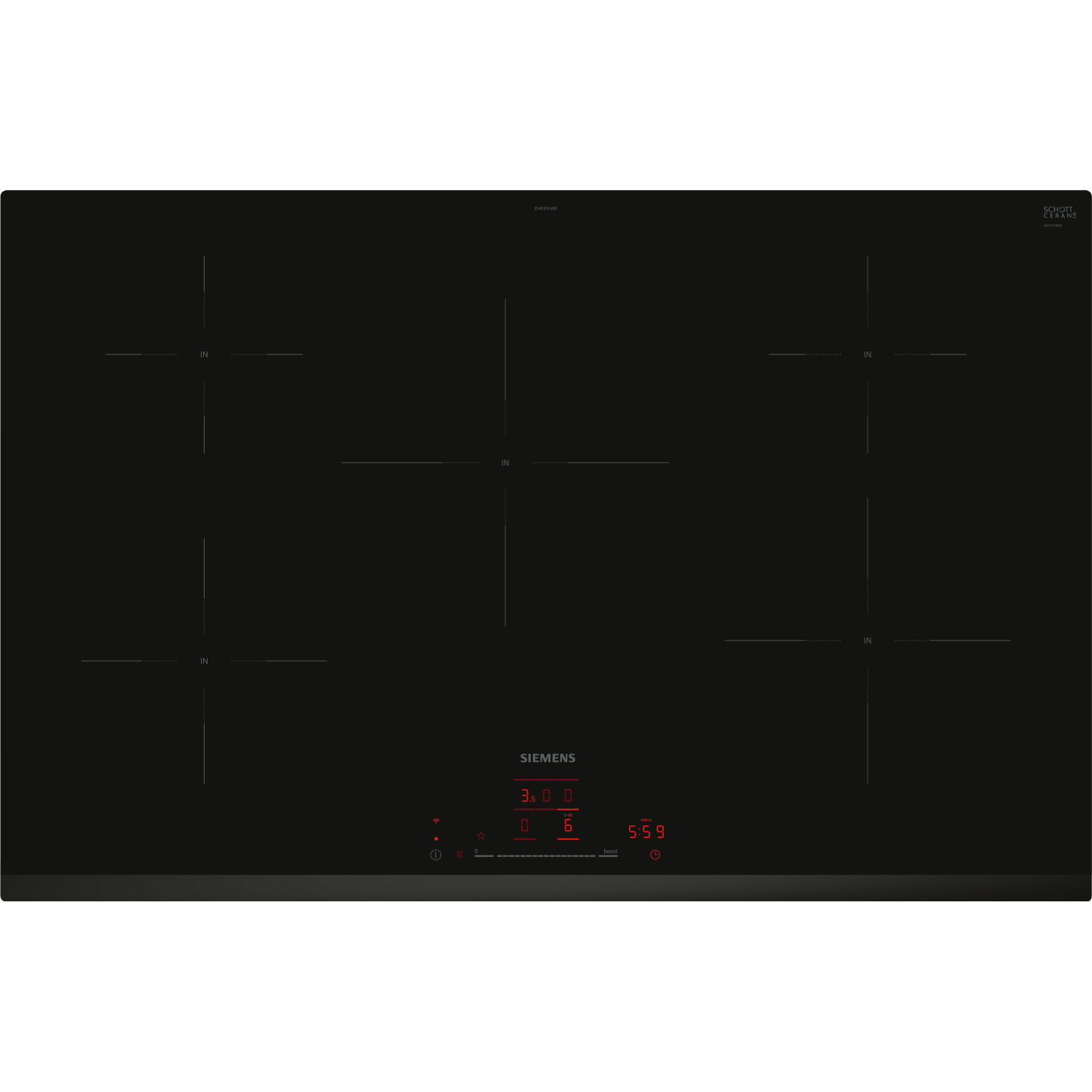 Black electric cooktop with six burners. It has a Siemens logo and numbers on the bottom.