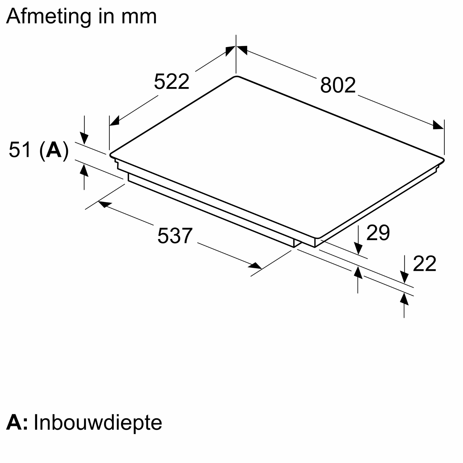Diagram of a rectangular cooktop with dimensions in mm. It has lines and numbers indicating size measurements.
