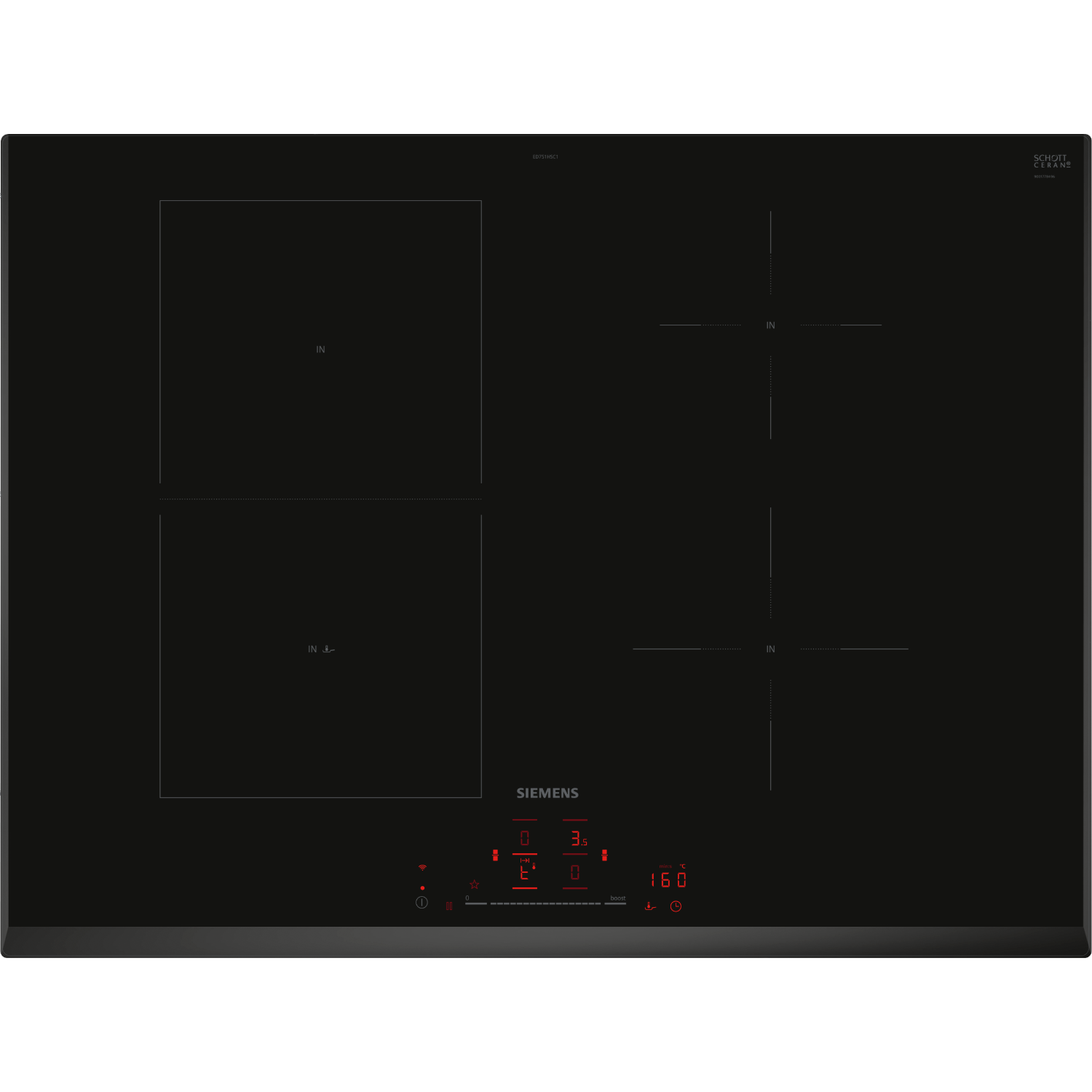 Black induction cooktop with four burners. Red digital display. Siemens brand.