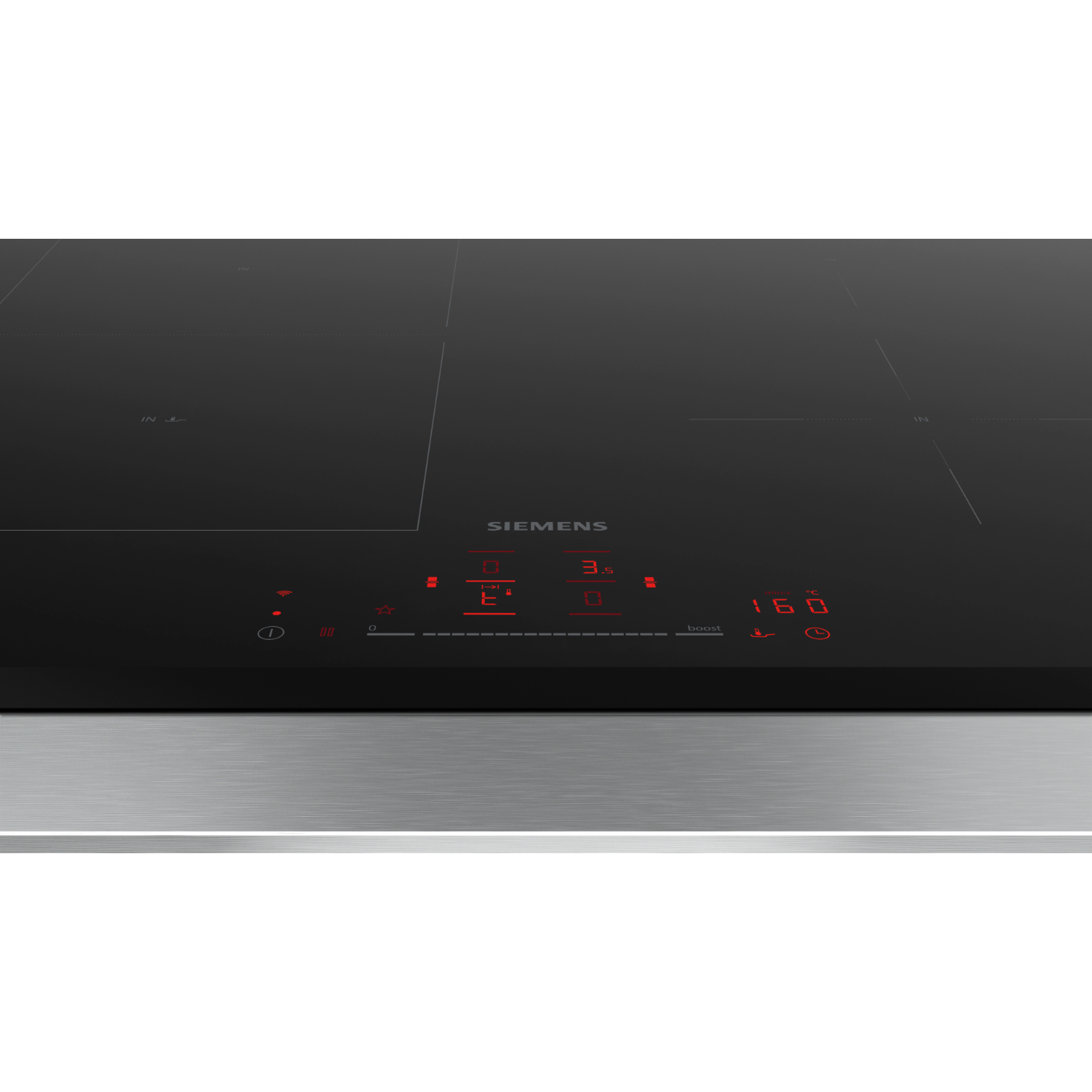 Black cooktop with Siemens branding. Touch controls and indicators are visible.