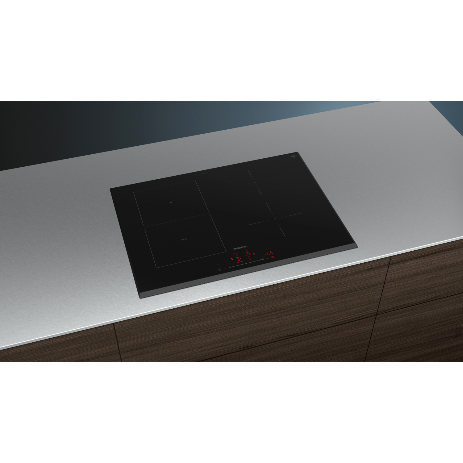 Black induction cooktop on a stainless steel countertop. The surface has red illuminated controls.