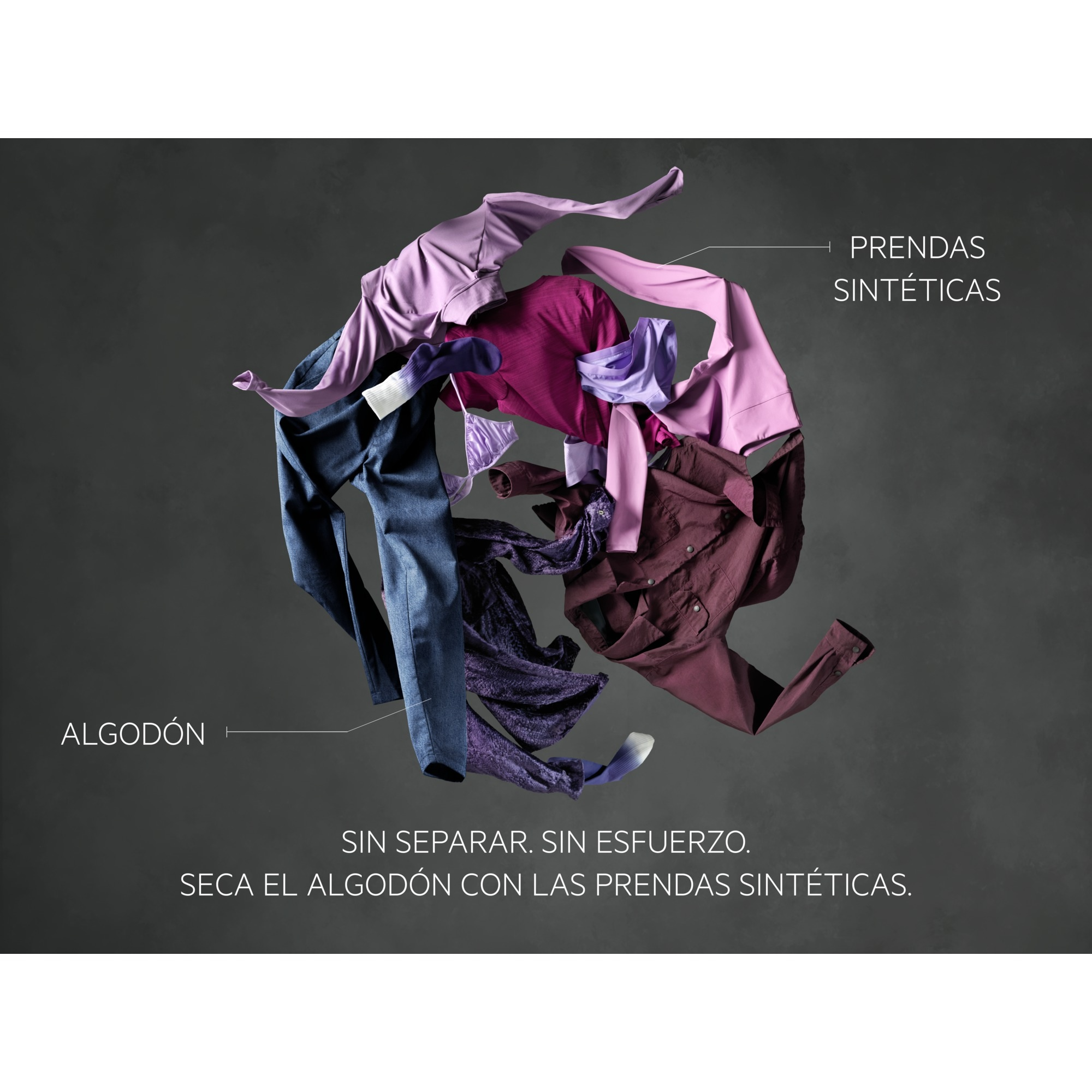 Ropa en un remolino: jeans, camisas y varias otras prendas. Texto en español. Fondo oscuro.