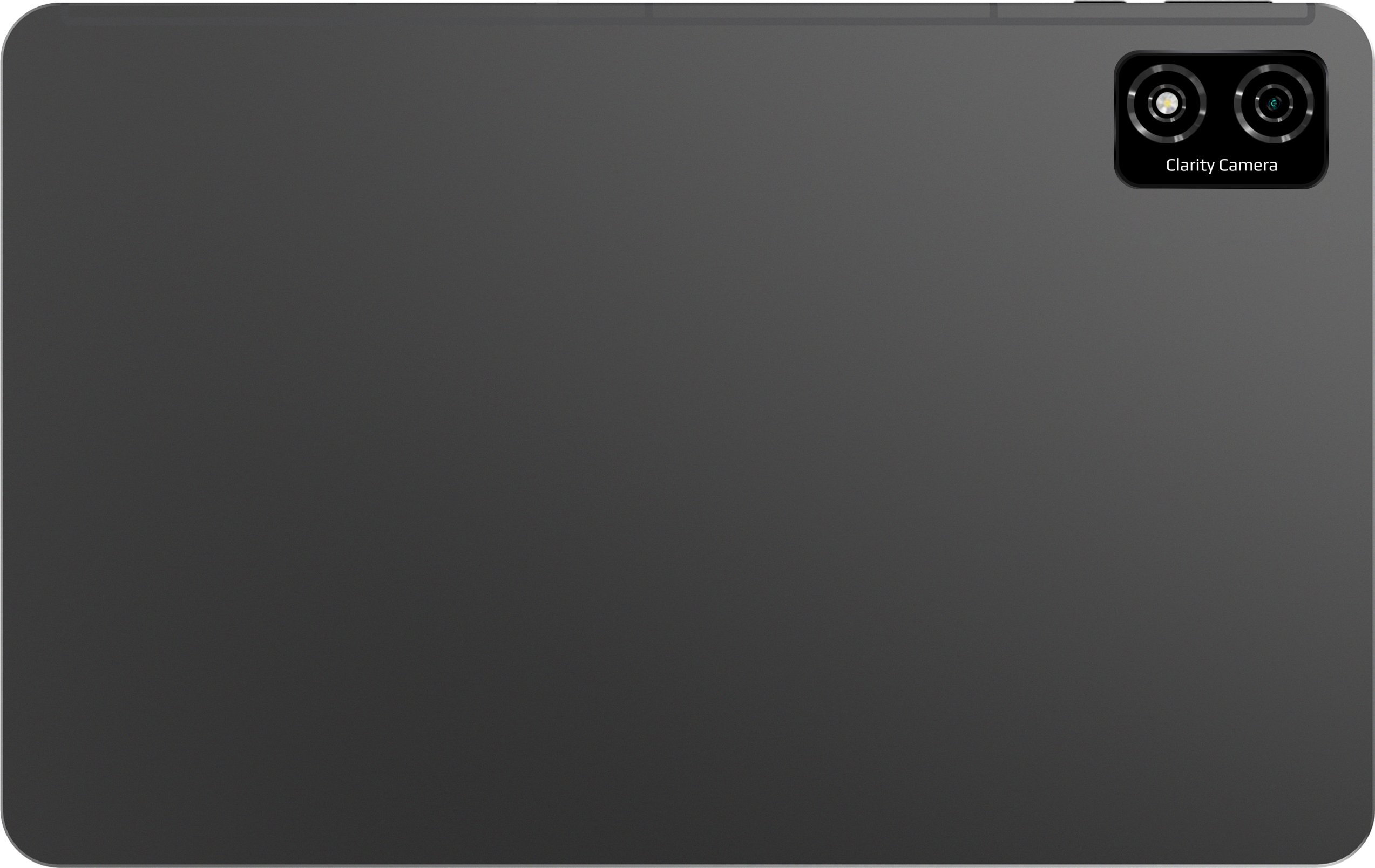 Dunkelgraue Tablet-Rückansicht. Duale Kamera mit 'Clarity Camera' Text.