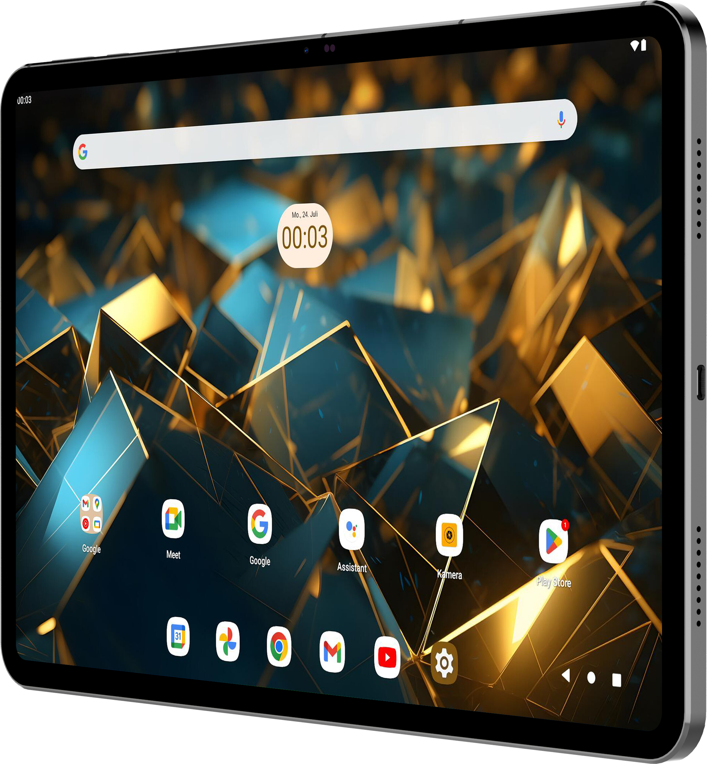 Ein Tablet zeigt eine digitale Kunstszene. Auf dem Bildschirm befinden sich mehrere App-Symbole, und es ist schwarz.