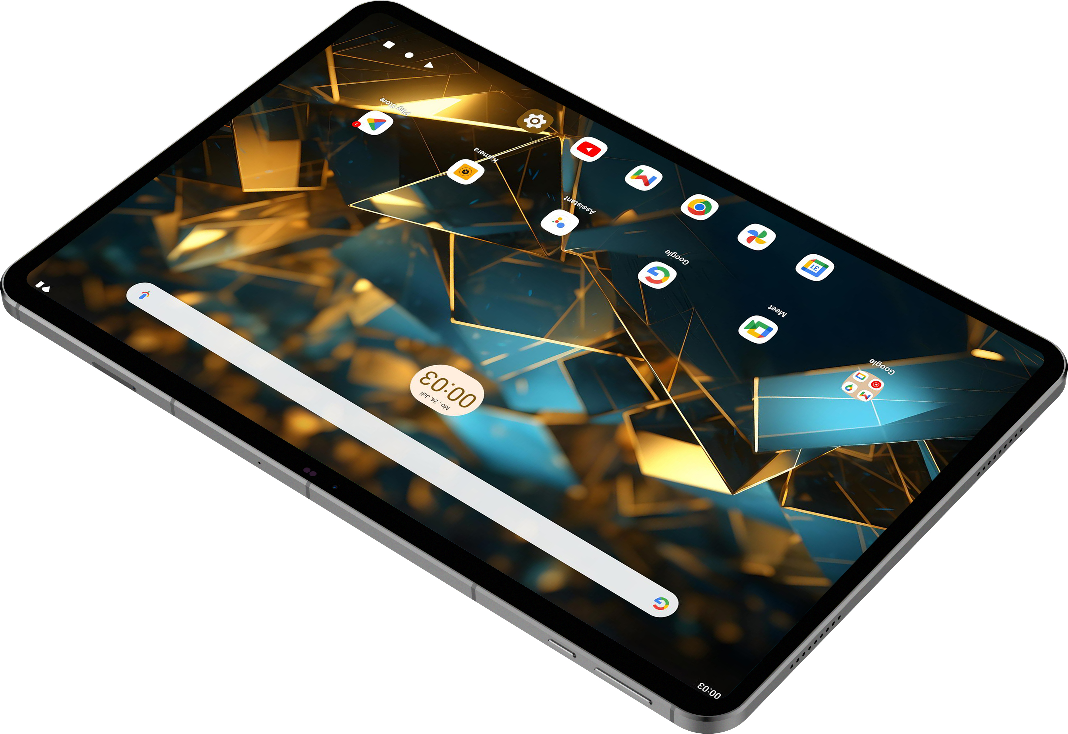 Ein Tablet liegt in einem Winkel und zeigt eine Oberfläche mit App-Symbolen auf geometrischem Hintergrund.