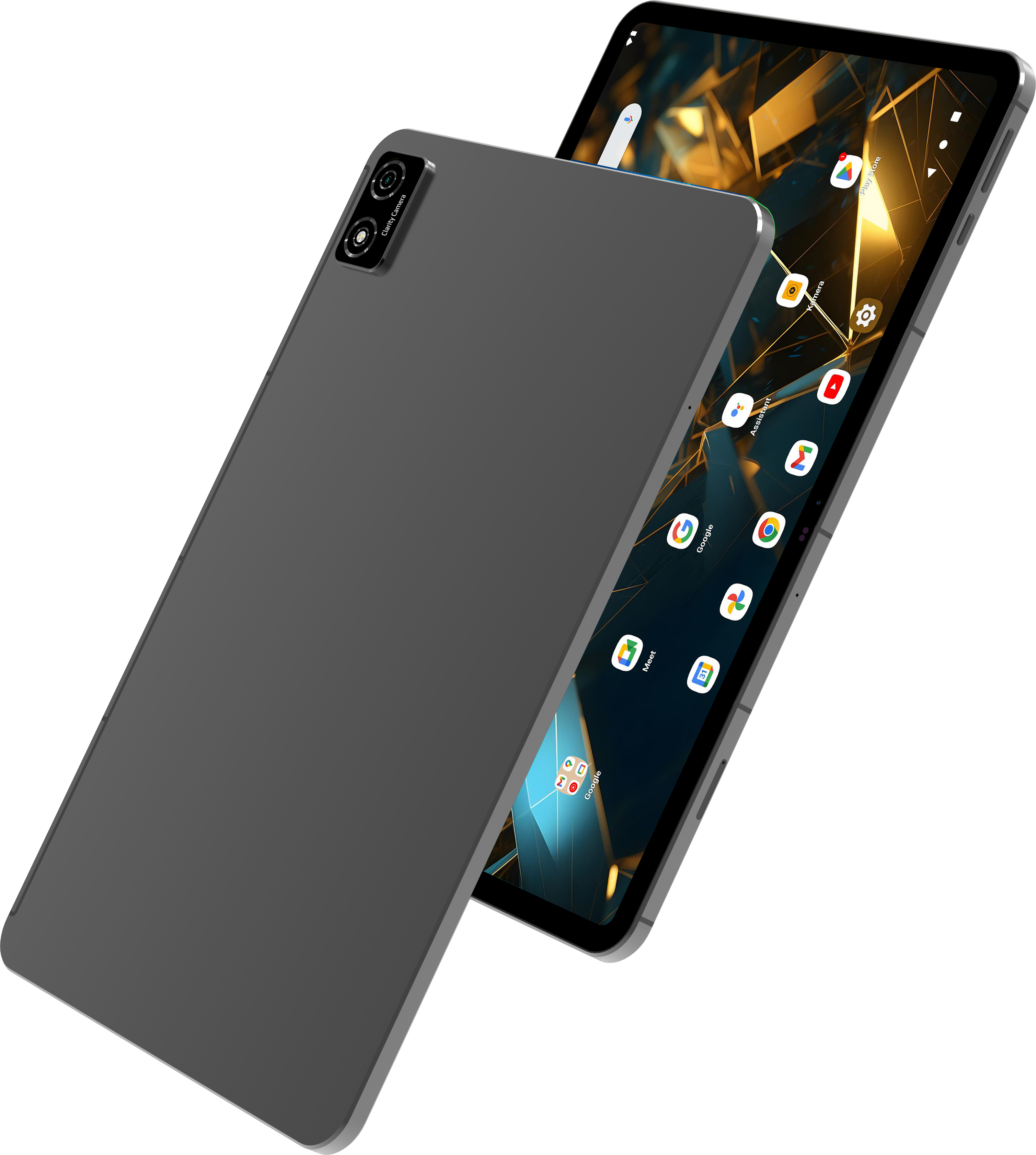 Graues Tablet, geneigt, zeigt Apps. Weißer Hintergrund.