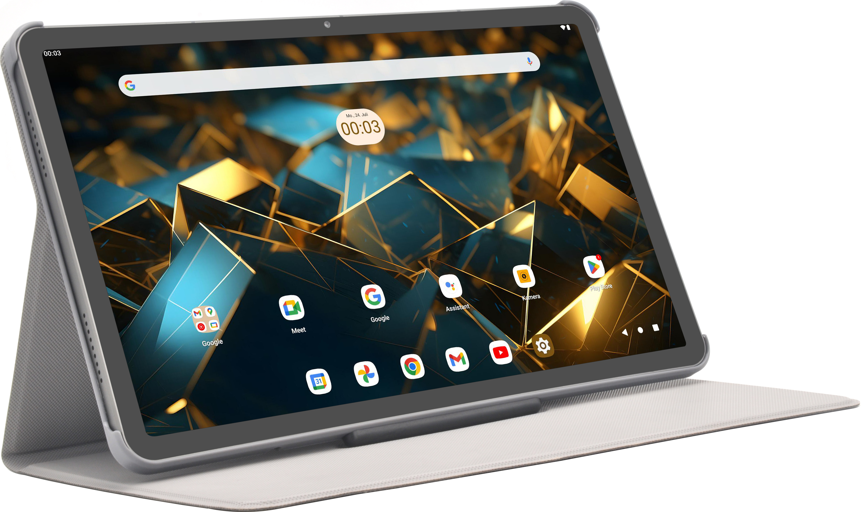 Tablet mit hellgrauem Gehäuse, zeigt einen Startbildschirm mit App-Symbolen und einer Uhr.