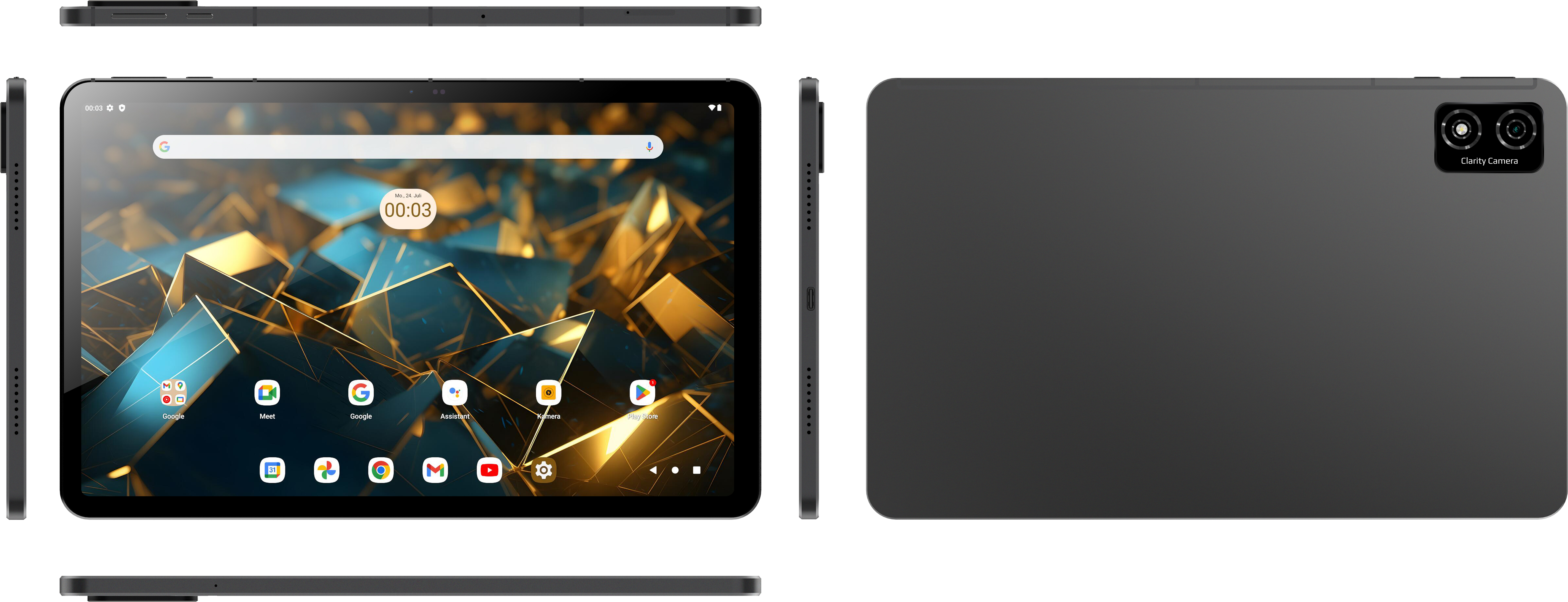 Schwarzes Tablet mit mehreren Ansichten. Der Bildschirm zeigt Apps und Uhrzeit an. Duale Kamera auf der Rückseite.