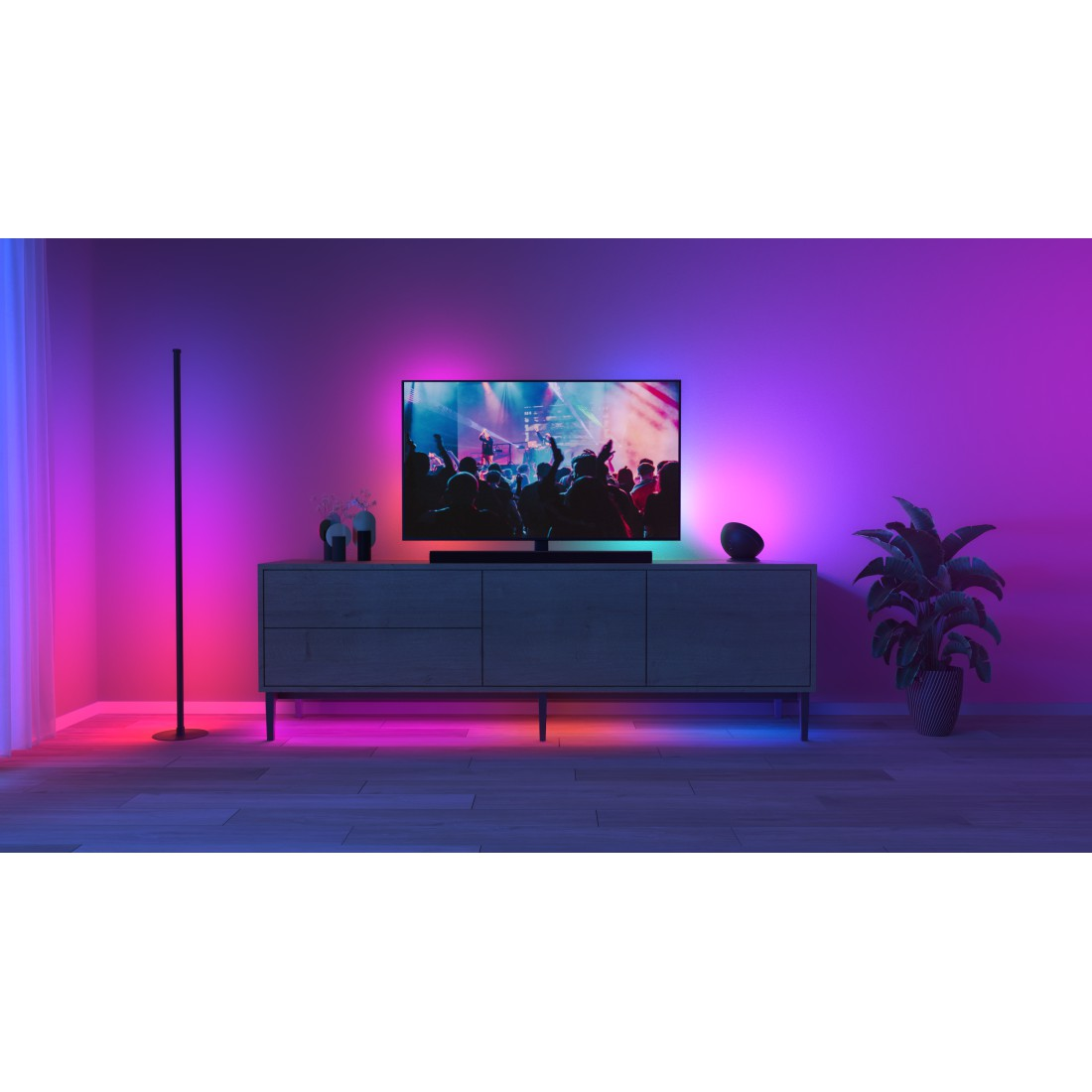 Ein Raum mit einem Fernseher, der ein Konzert zeigt. Darunter ein Schrank mit Dekorationen und eine Pflanze. Bunte Lichter beleuchten den Raum.