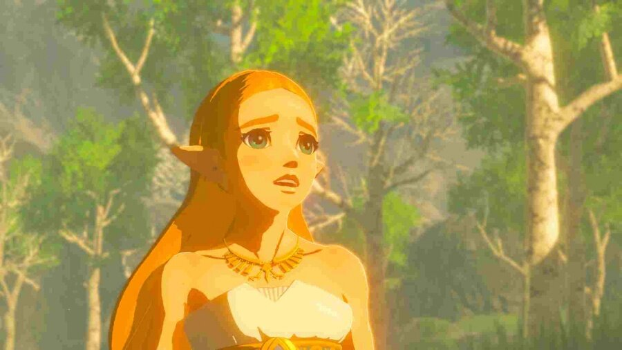 Zelda z Breath of the Wild, zmartwiona, w leśnej scenerii.