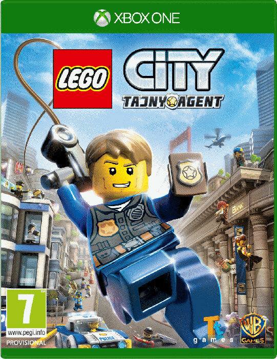 Grafika pudełka gry wideo Lego City, policjant Lego z tłem miasta.