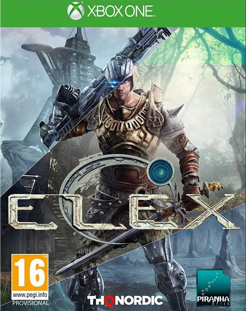 Okładka gry Xbox One: ELEX. Wojownik z pistoletem i mieczem stoi w lesie.