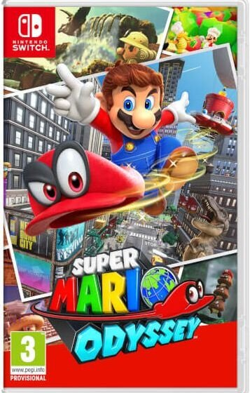 Pudełko z grą Super Mario Odyssey, z Mario, czerwonym kapeluszem i krajobrazem miejskim na białym tle.