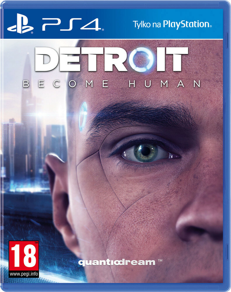 Okładka gry PS4 Detroit: Become Human. Zbliżenie twarzy mężczyzny z futurystycznym designem.