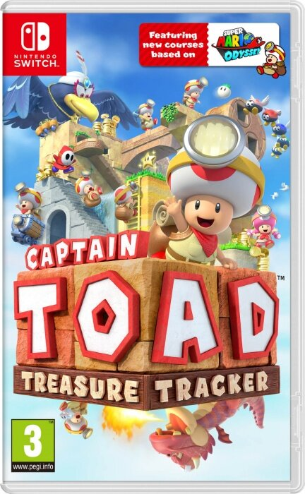 Pudełko gry Nintendo Switch: Captain Toad: Treasure Tracker, z postaciami, żywe kolory.