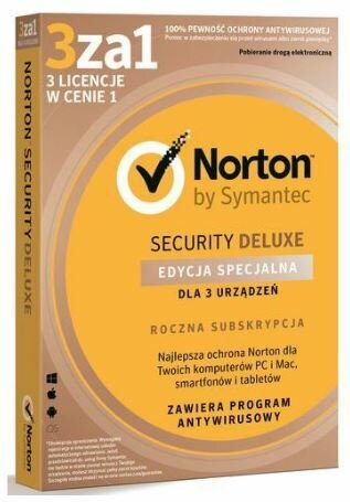 Pudełko Norton Security Deluxe: żółte, z tekstem i logo. Zawiera program antywirusowy.