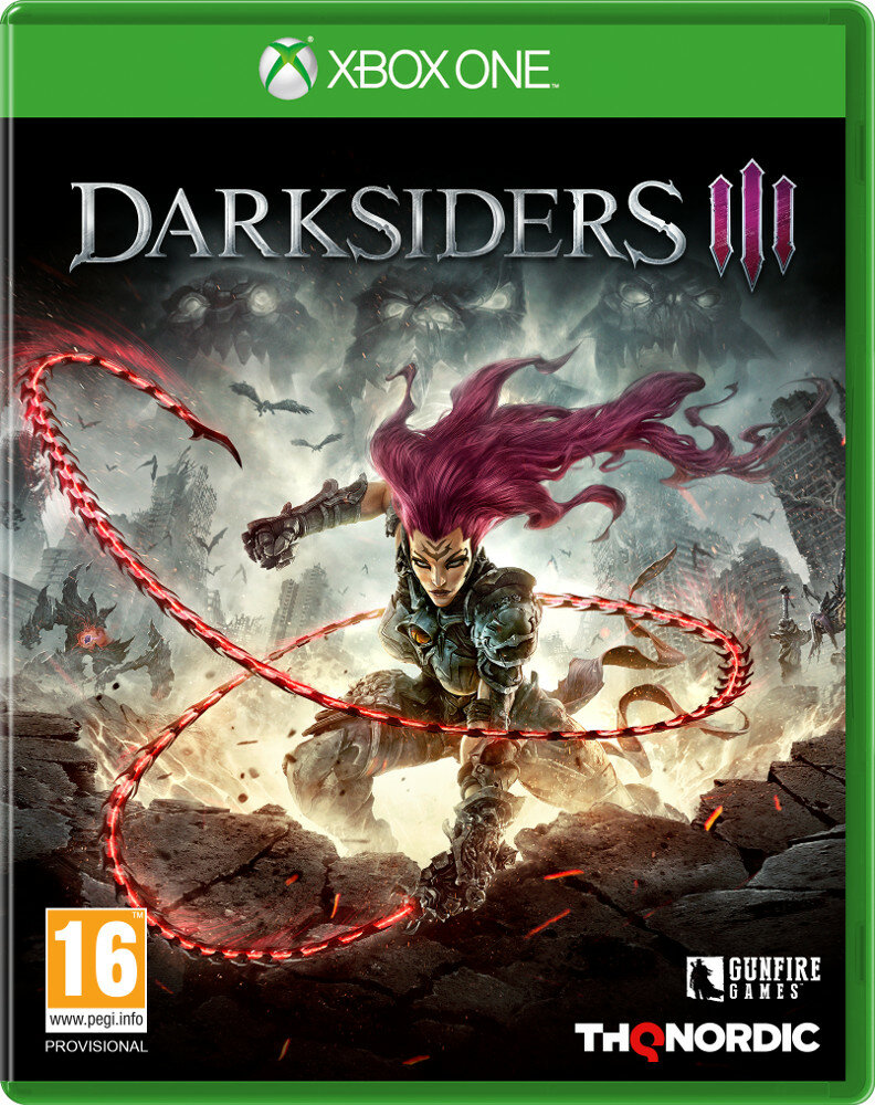 Okładka gry Darksiders III. Kobieta z fioletowymi włosami, batem i fantastyczną scenerią.