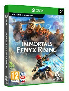 Grafika pudełka gry Immortals Fenyx Rising. Potwór i wojownik w tle. Tytuł gry jest wyśrodkowany.