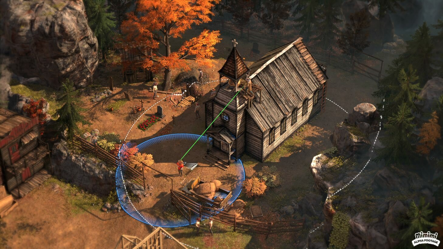 Widok z góry na kościół w grze. Postać stoi obok. Drzewa i skały otaczają kościół.